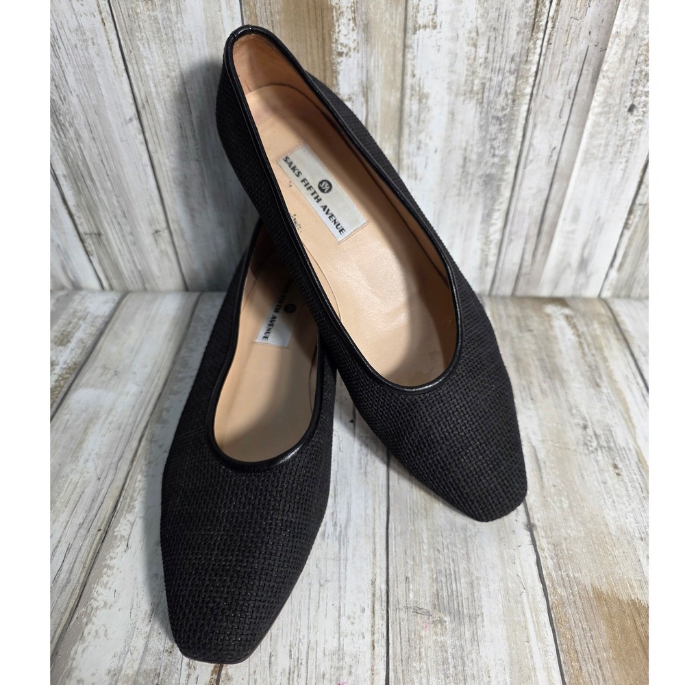 Saks Fifth Avenue Black Mesh Square Toe Low Block Heel Pumps Made in Italy - Picture 4 of 10